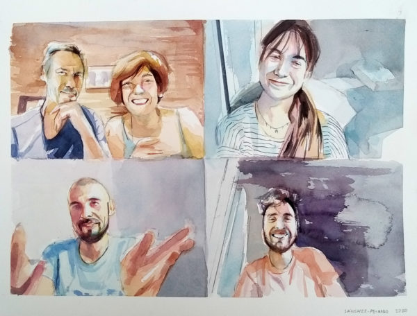 Watercolour portrait of six individuals, created during the lockdown as part of the 'Lockdown Portraits' series. Each portrait captures the unique expression and personality of the subjects through video calls, painted with vibrant colours and intricate brushstrokes. The piece evokes a sense of connection during the isolation of 2020