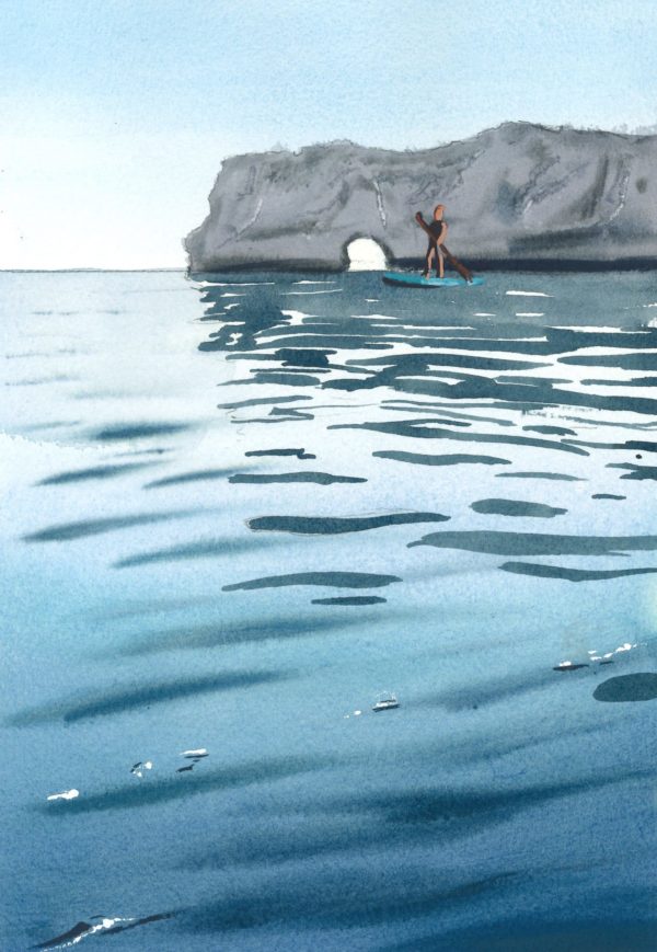 A tranquil watercolour painting of the coastline in Asturias, featuring a person paddleboarding on calm waters near a dramatic cliff with an arch. The serene sea reflects the clear blue sky, with gentle ripples creating a peaceful atmosphere. The silhouette of the paddleboarder adds a sense of movement to the otherwise still scene
