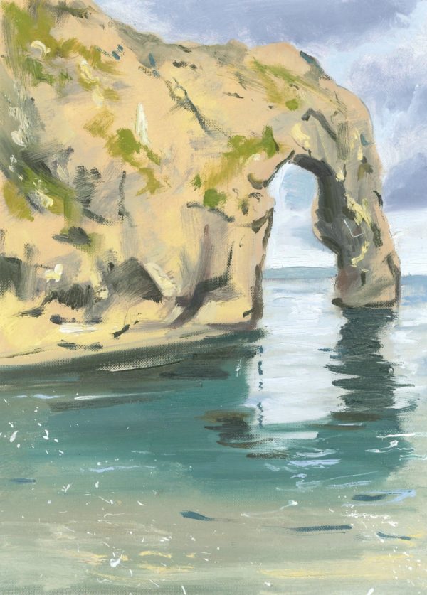Oil painting of Durdle Door, a limestone arch on the Jurassic Coast, with turquoise waters and golden cliffs.
