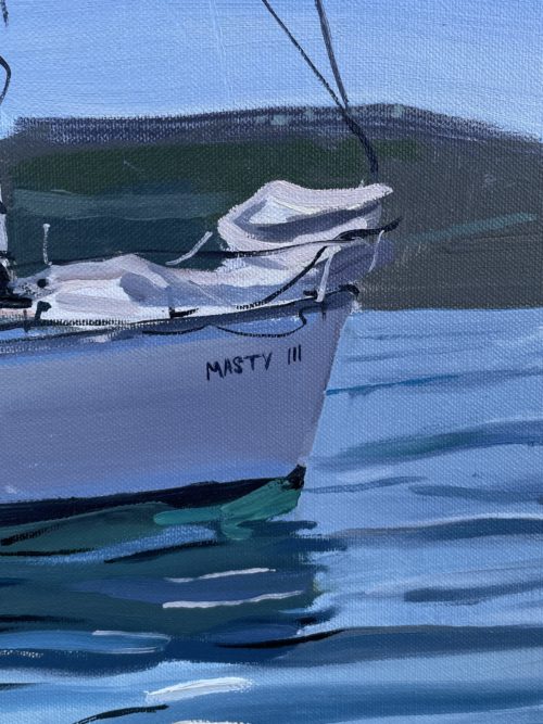 Close-up of the boat in 'Masty III', highlighting the textures and vibrant colors of the sail and hull