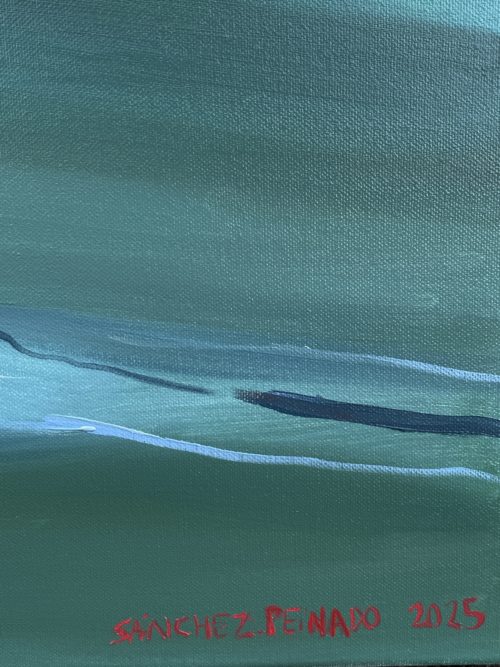 Close-up of the water reflections in 'Masty III', capturing the vibrant shades of turquoise and the gentle ripples, and the signature is below.
