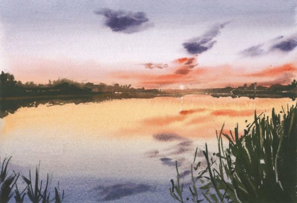 Watercolour painting of a sunset over London with reflections by Jose Sánchez Peinado