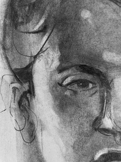 Detailed close-up of Tatiana's eyes in the charcoal drawing, highlighting the lifelike depth and texture of the shadows