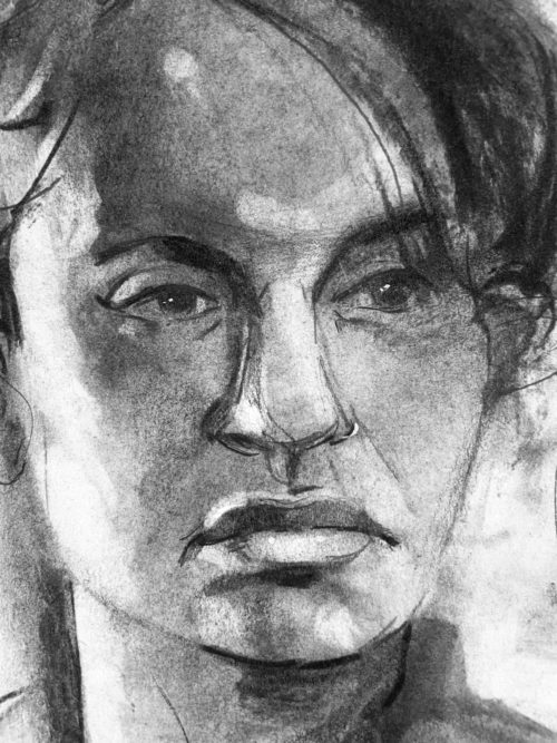 Detailed close-up of Tatiana's eyes in the charcoal drawing, highlighting the lifelike depth and texture of the shadows