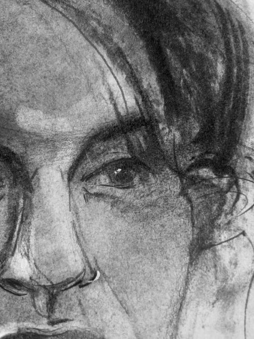 Detailed close-up of Tatiana's eyes in the charcoal drawing, highlighting the lifelike depth and texture of the shadows