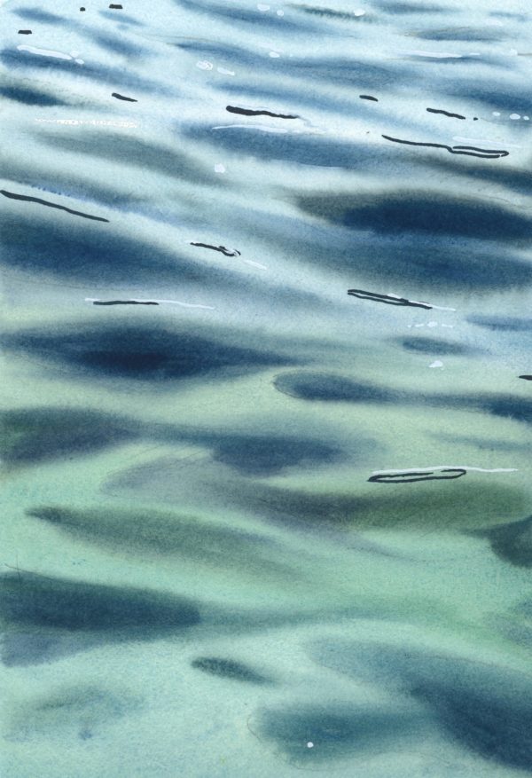 atercolour painting of turquoise water, showcasing soft ripples and the interplay of light and shadows on the surface. The painting captures the fluid motion of the water with subtle gradients of blue and green, creating a tranquil and serene atmosphere