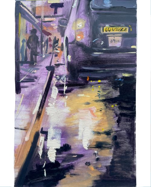 A small to medium-sized oil painting of a London street at night, capturing reflections on wet pavement with a taxi in the background. The scene is illuminated by city lights, creating a moody and atmospheric composition.