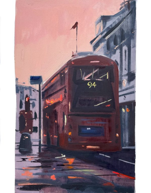 A small to medium-sized oil painting of a London bus at night, with vibrant city lights reflecting on wet pavement. The bus is lit against a pastel sky, creating a moody, atmospheric urban scene.
