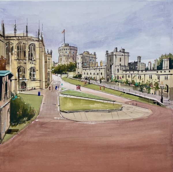 Watercolour painting of Windsor Castle, capturing the architectural details and serene landscape surrounding the historic site. The painting depicts the iconic structure with soft tones and gentle brushstrokes, showcasing the grandeur of the castle against a peaceful sky