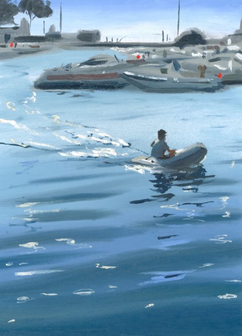 Oil painting of a tranquil lake in Lagos, Portugal by Jose Sanchez Peinado