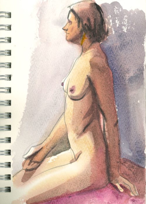 Live figure study watercolour sketch by Jose Sanchez Peinado, showcasing dynamic human anatomy and fluid motion, capturing raw artistic process in sketchbook pages.