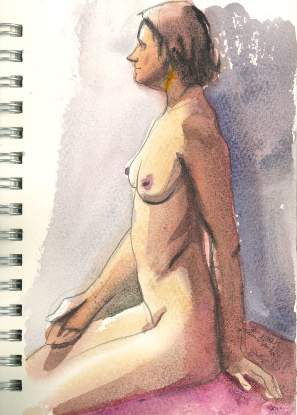 Live figure study watercolour sketch by Jose Sanchez Peinado, showcasing dynamic human anatomy and fluid motion, capturing raw artistic process in sketchbook pages.