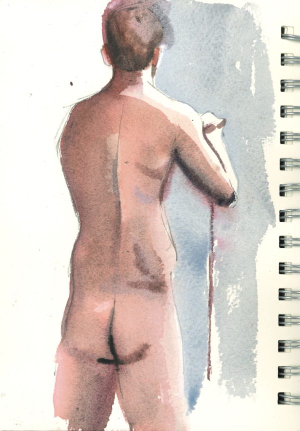 Live figure study watercolour sketch by Jose Sanchez Peinado, showcasing dynamic human anatomy and fluid motion, capturing raw artistic process in sketchbook pages
