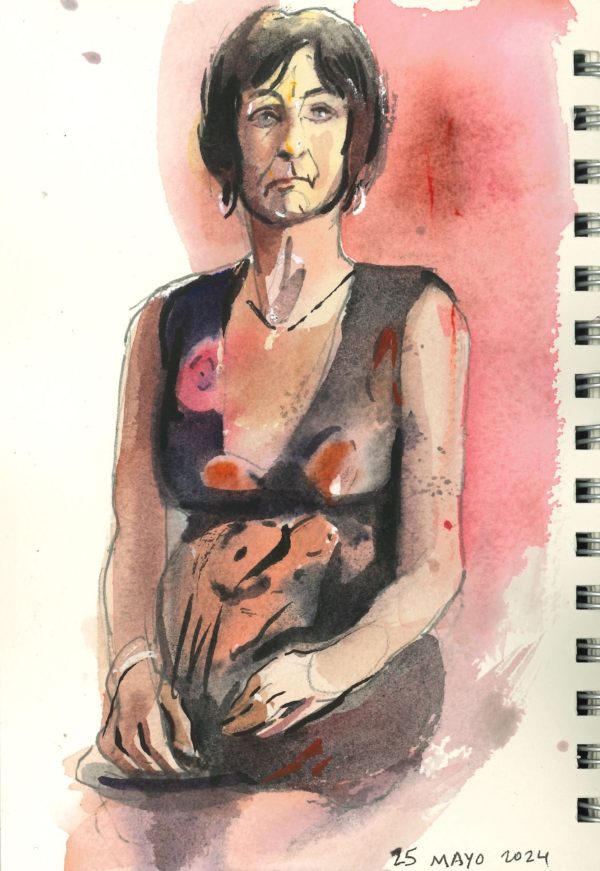 Live figure study watercolour sketch by Jose Sanchez Peinado, showcasing dynamic human anatomy and fluid motion, capturing raw artistic process in sketchbook pages.