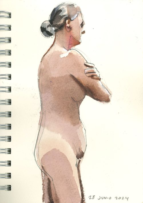Life figure study watercolour sketch by Jose Sanchez Peinado, showcasing dynamic human anatomy and fluid motion, capturing raw artistic process in sketchbook pages.