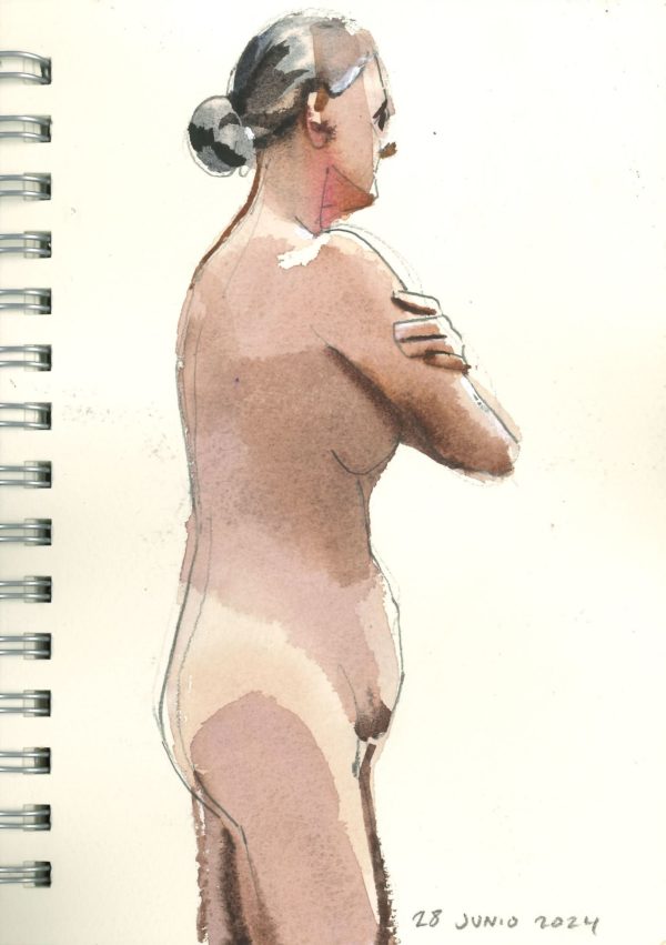 Life figure study watercolour sketch by Jose Sanchez Peinado, showcasing dynamic human anatomy and fluid motion, capturing raw artistic process in sketchbook pages.
