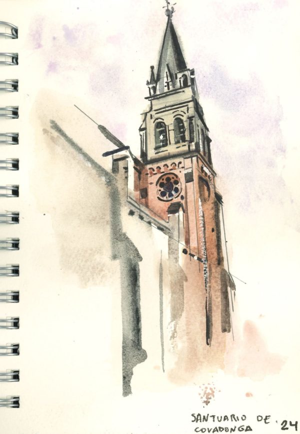Watercolour painting of the Santuario de Covadonga by London-based artist Jose Sanchez Peinado. The artwork features the church’s iconic spire, depicted with expressive brushstrokes and a soft interplay of light and shadow.