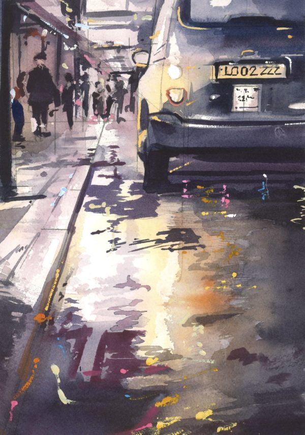 A vibrant watercolour painting of London's streets after rain, capturing reflections on the wet pavement with dynamic colours and fluid brushstrokes