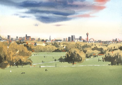 Watercolour painting of Primrose Hill at sunset with London skyline in the distance, by José Sánchez Peinado.