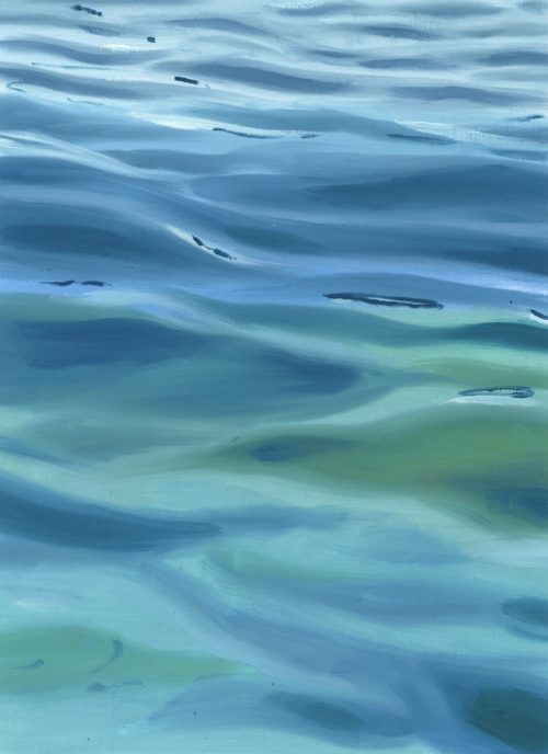 A serene oil painting of ocean waves in shades of blue and green, capturing the gentle movement and depth of water.