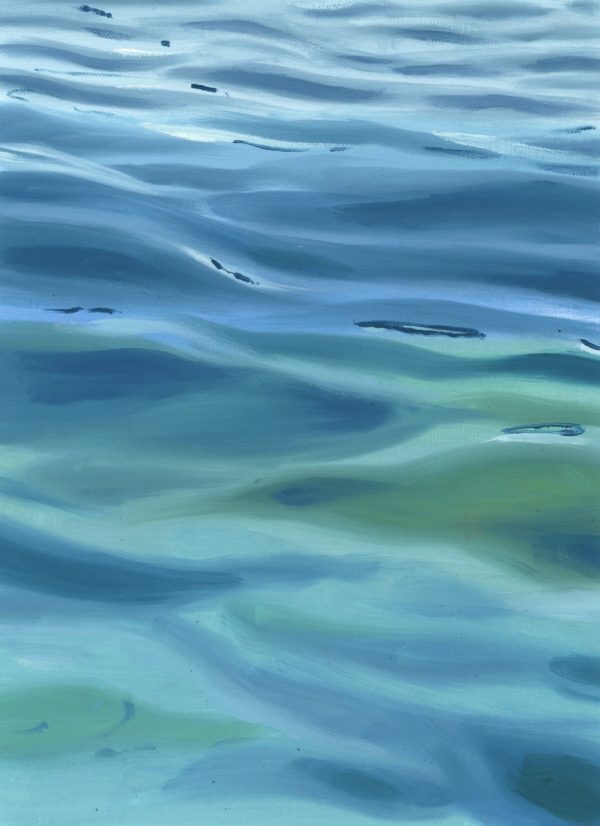 A serene oil painting of ocean waves in shades of blue and green, capturing the gentle movement and depth of water.