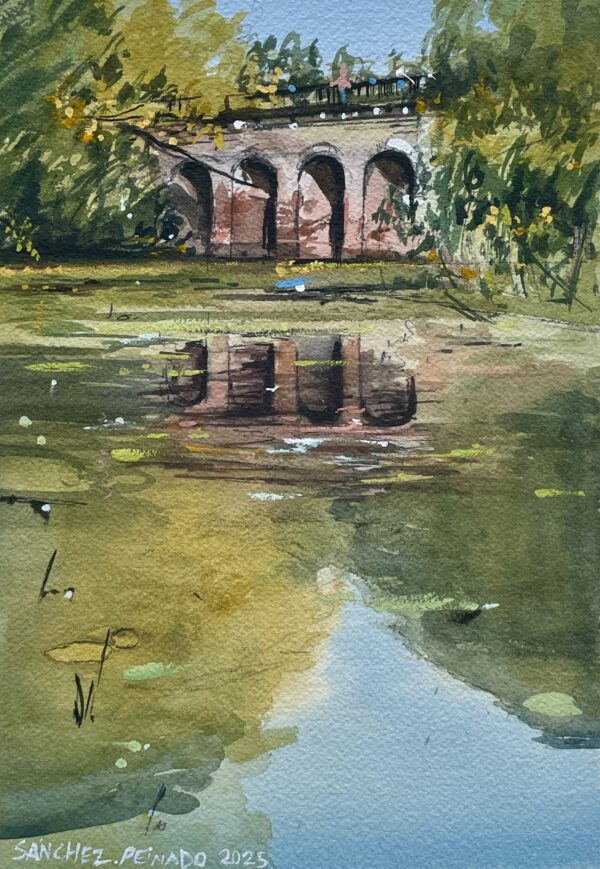 Watercolour painting of the Viaduct Bridge in Hampstead Heath, London, by José Sánchez Peinado. Autumn light reflected on the water, part of the Hampstead Scenes series.